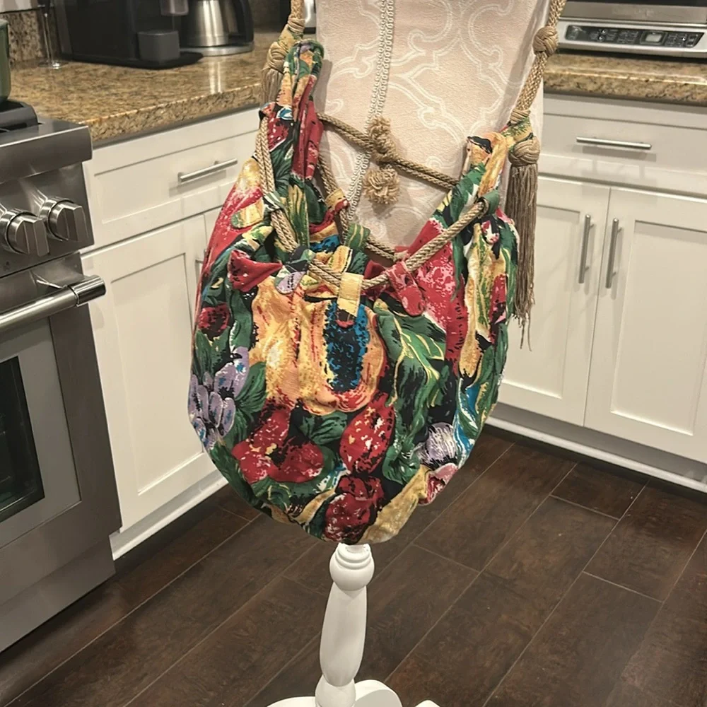 Bottega Venetta Floral Fruit Print Multicolor Canvas Boho Crossbody Purse RARE